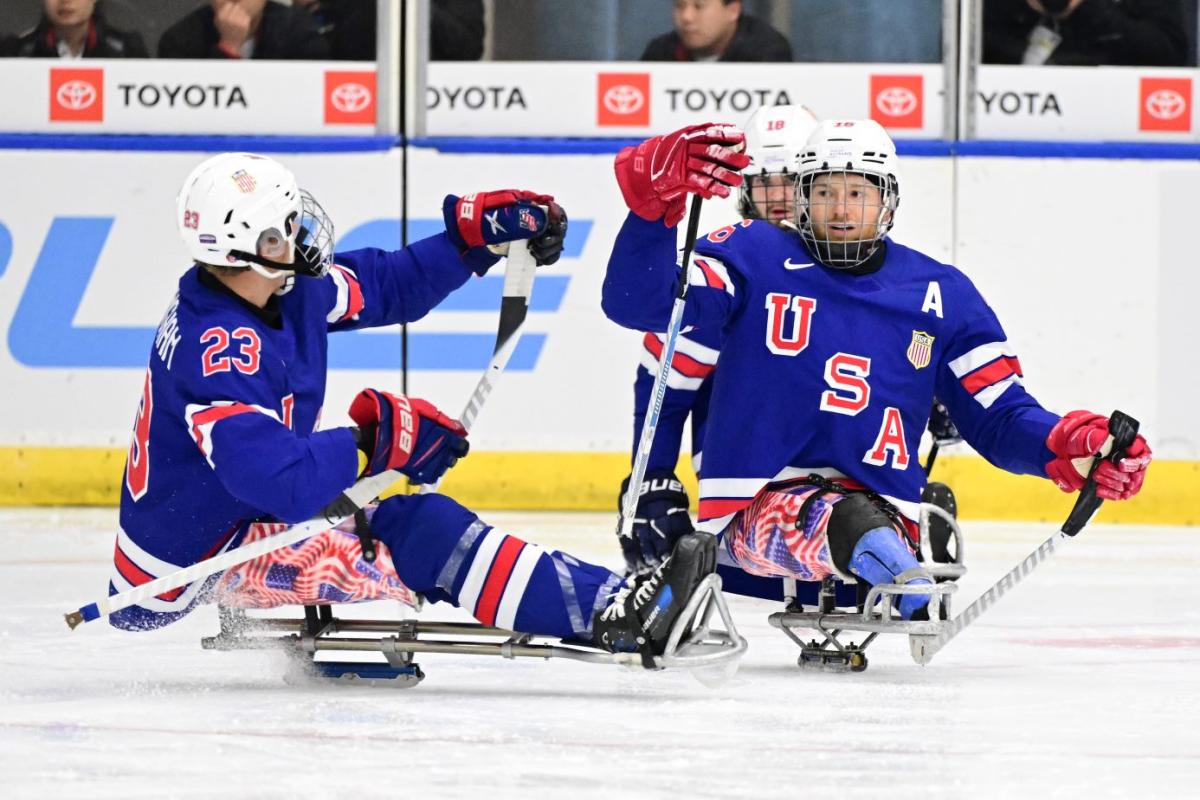 Team USA Para ice hockey celebrating a goal